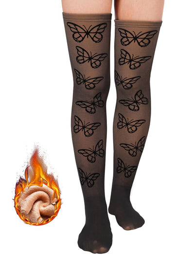 Fleece Lined Thigh High Socks Translucent-Butterfly