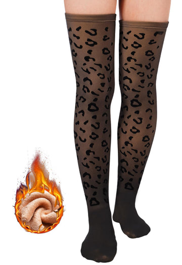 Fleece Lined Thigh High Socks Translucent-Leopard Print
