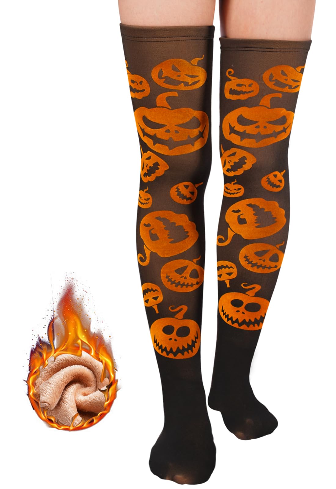 Fleece Lined Thigh High Socks Translucent-Pumpkin - Moon Wood