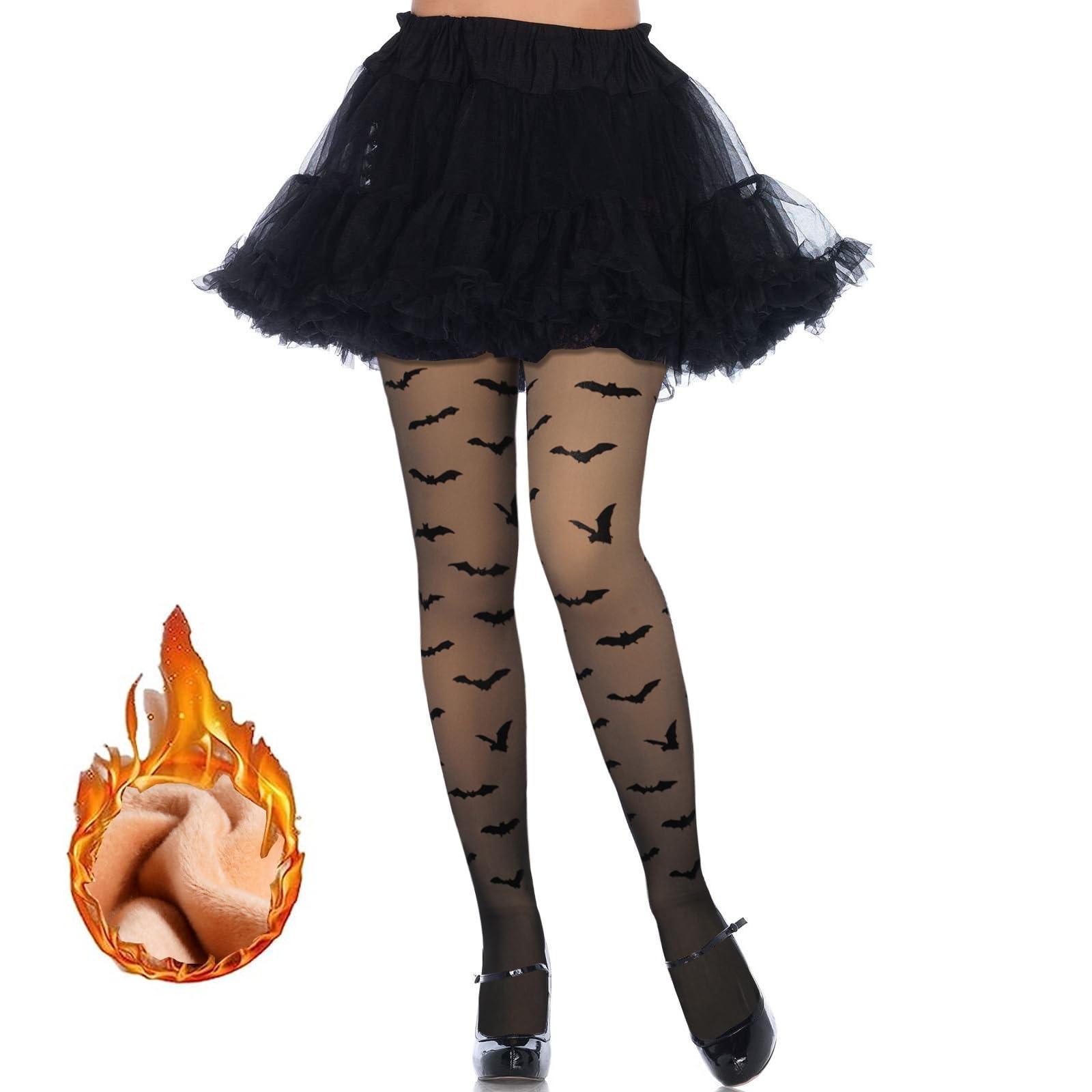 Translucent Fleece Lined Tights for Women - Bat-Moon Wood