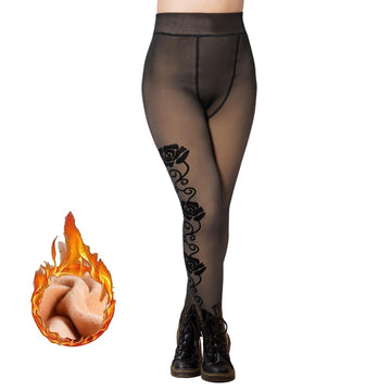 Translucent Fleece Lined Tights for Women - Flowers-Moon Wood