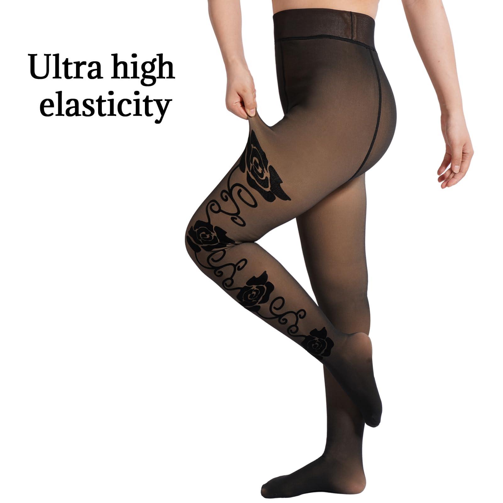 Translucent Fleece Lined Tights for Women - Flowers-Moon Wood