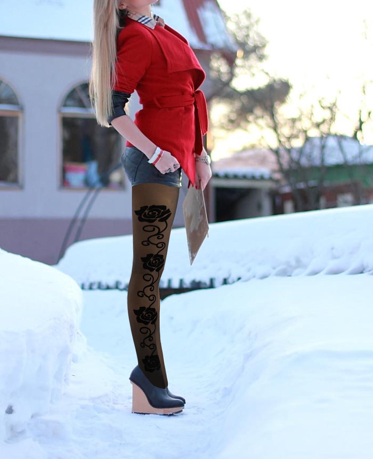 Translucent Fleece Lined Tights for Women - Flowers-Moon Wood