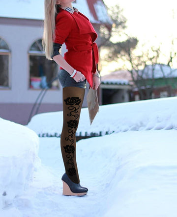 Translucent Fleece Lined Tights for Women - Flowers