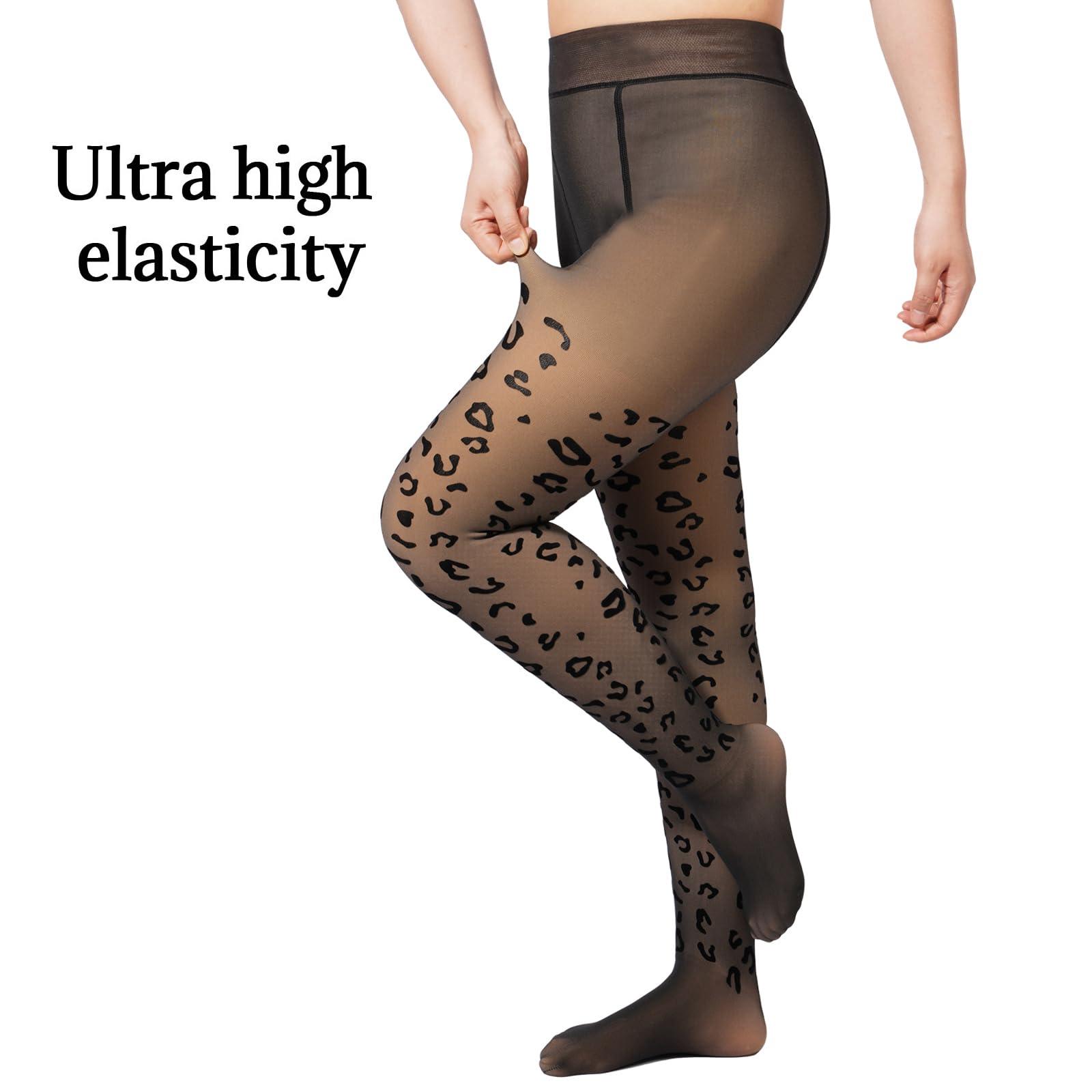 Translucent Fleece Lined Tights for Women - Leopard-Moon Wood