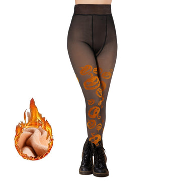 Translucent Fleece Lined Tights for Women - pumpkin-Moon Wood