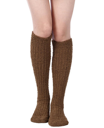 Fuzzy Knee High Socks - Coffee