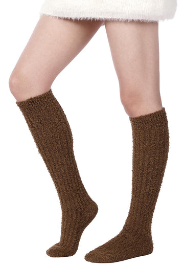 Fuzzy Knee High Socks - Coffee