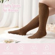 Fuzzy coffee-brown knee-high socks, plush pile with elastic cuff