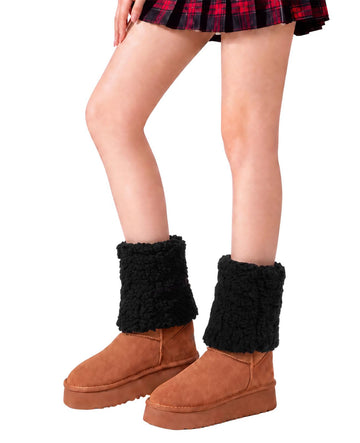 Fuzzy Leg Warmers Short Winter Chunky Thick Fluffy Boot Cuffs - Black