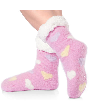 Fuzzy Non Slip Cabin Socks - Pink Heart