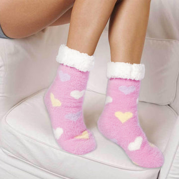 Fuzzy Non Slip Cabin Socks - Pink Heart