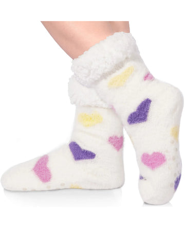 Fuzzy Non Slip Cabin Socks - White Heart