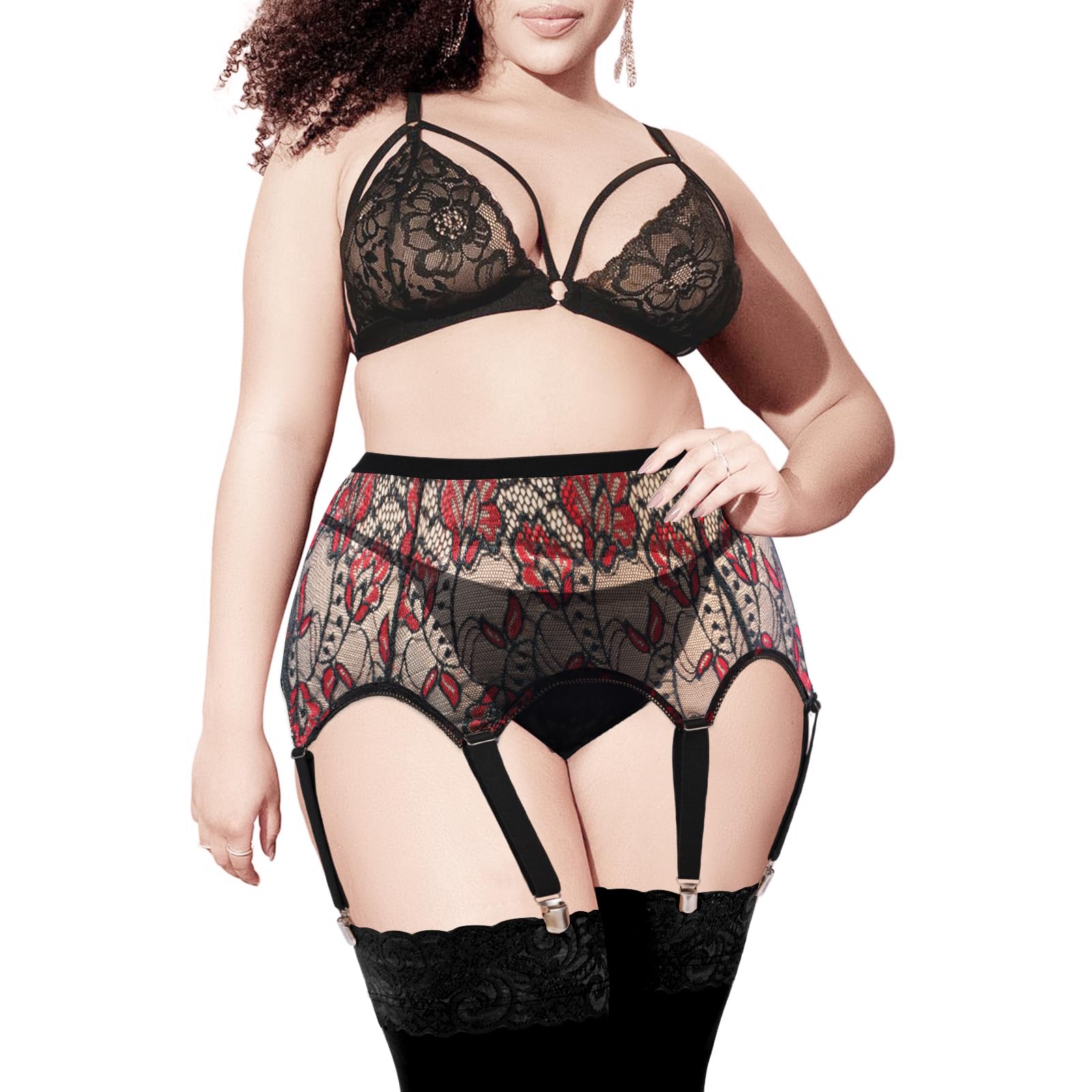Garter Belt Plus Size High Waist with 6 Vintage Metal Clips - Black & Red Lace - Moon Wood
