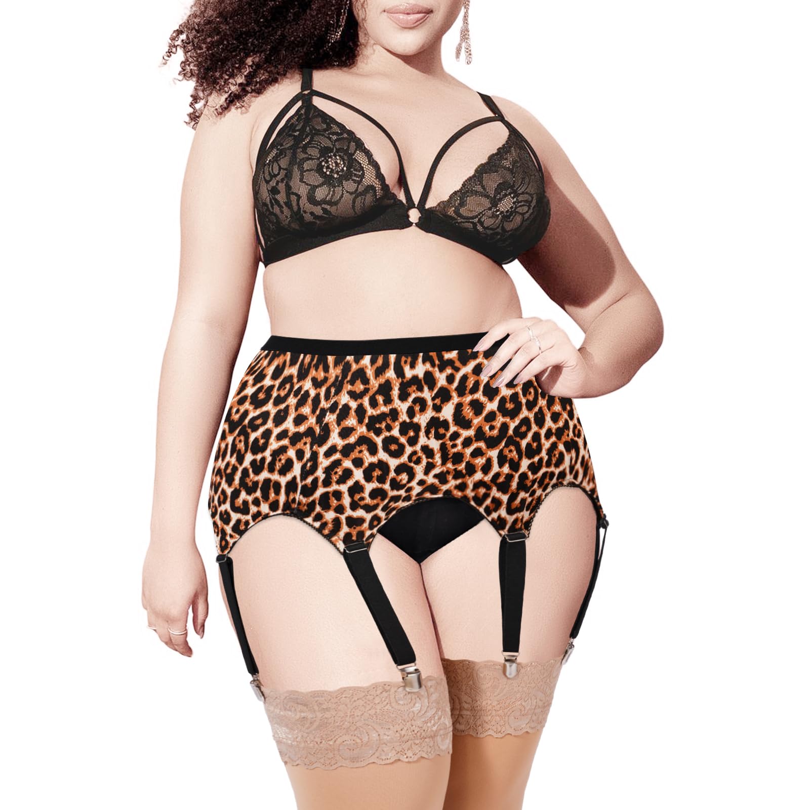 Plus Size Garter Belt & Thong Set - High Waist Lace With 6 Metal Clips For Thigh High Stockings Plus Size Garter Belt & Thong Set - High Waist Lace With 6 Metal Clips For Thigh High Stockings