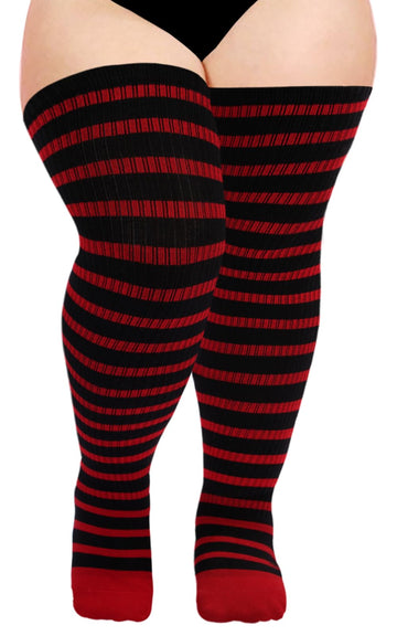 Cotton Plus Size Thigh High Socks-Black & Red