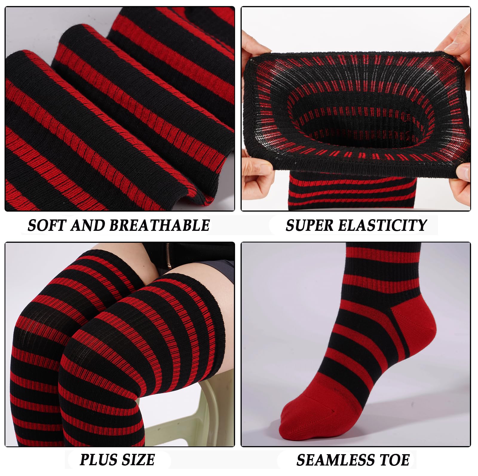 Cotton Plus Size Thigh High Socks-Black & Red - Moon Wood