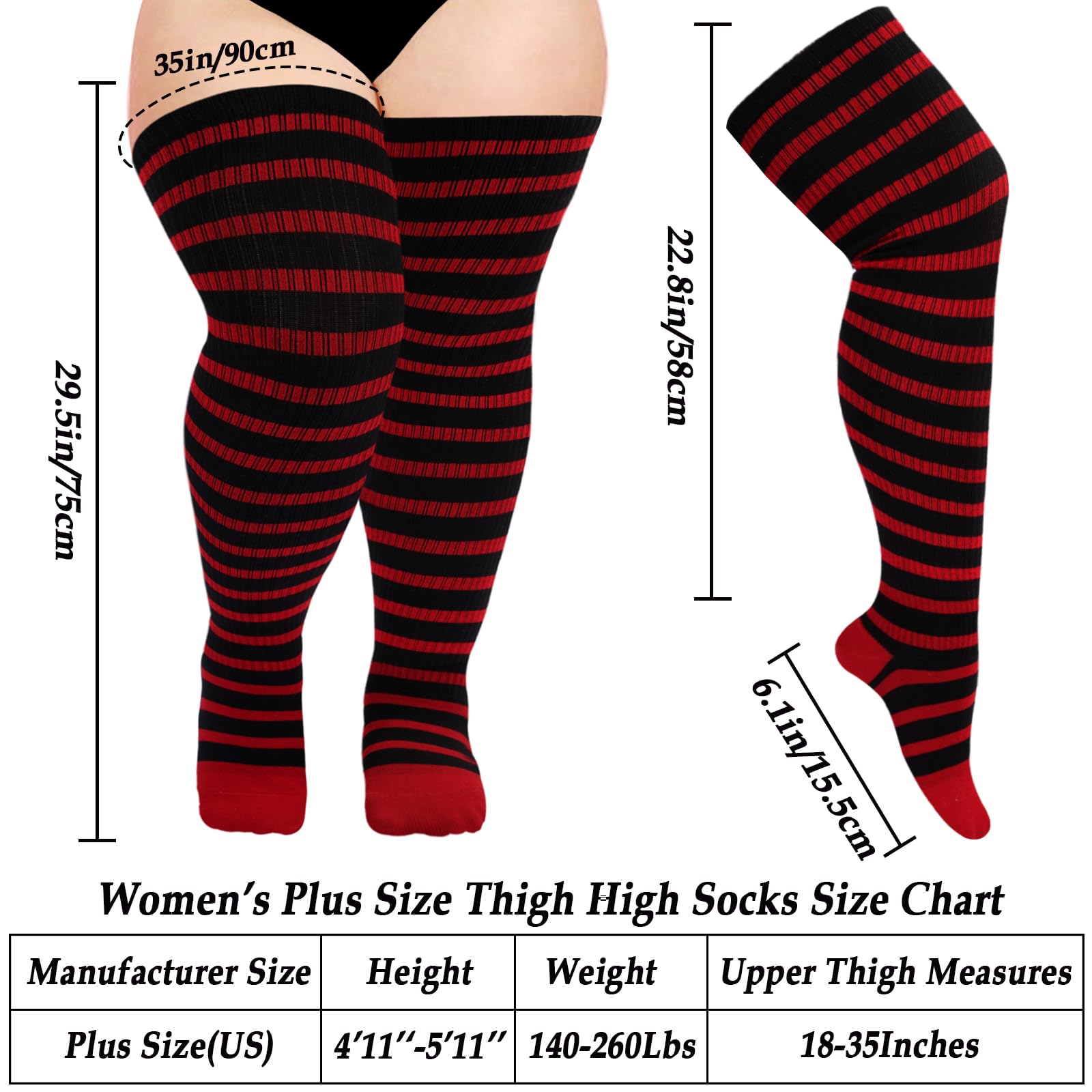 Cotton Plus Size Thigh High Socks-Black & Red