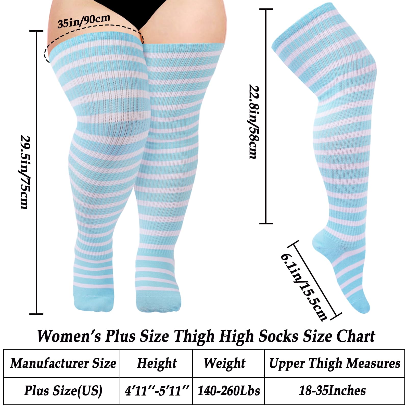 Cotton Plus Size Thigh High Socks-Blue & White - Moon Wood