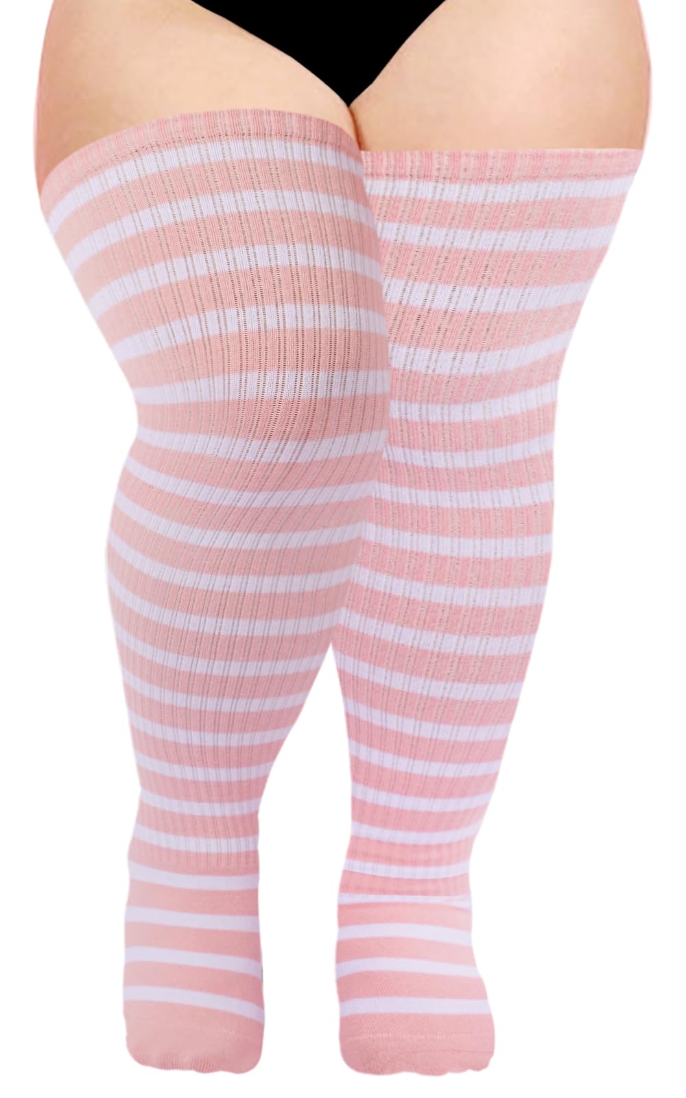 Cotton Plus Size Thigh High Socks-Pink & White