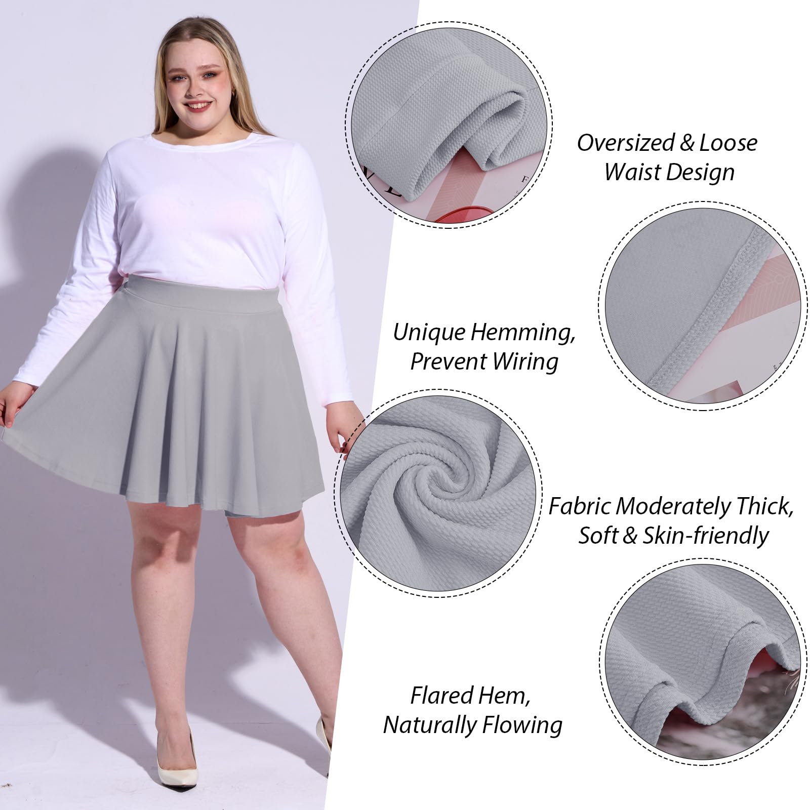 High Waisted Skater Skirt Plus Size-Grey - Moon Wood