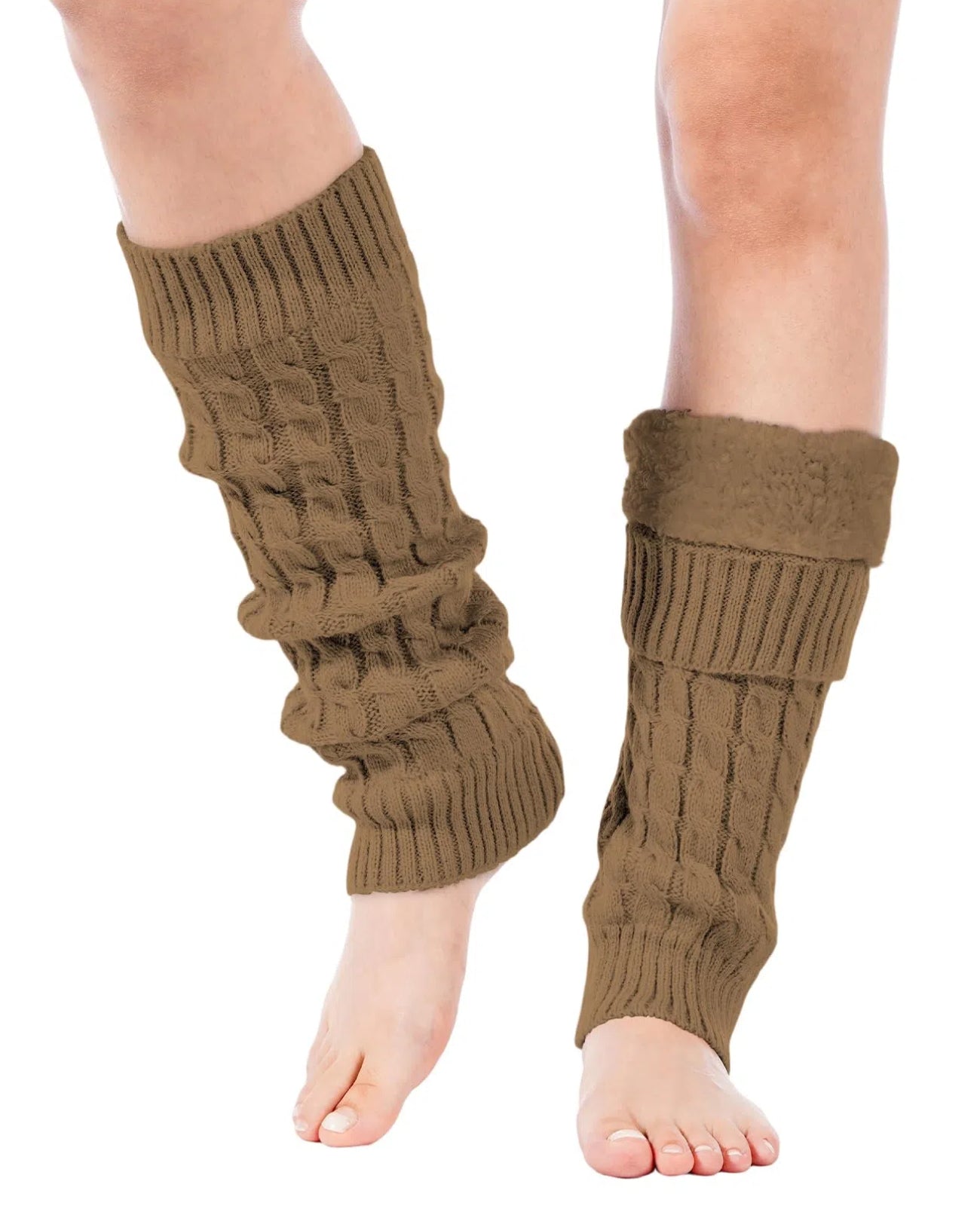 Knit Long Fleece Lined Leg Warmers - Khaki-Moon Wood
