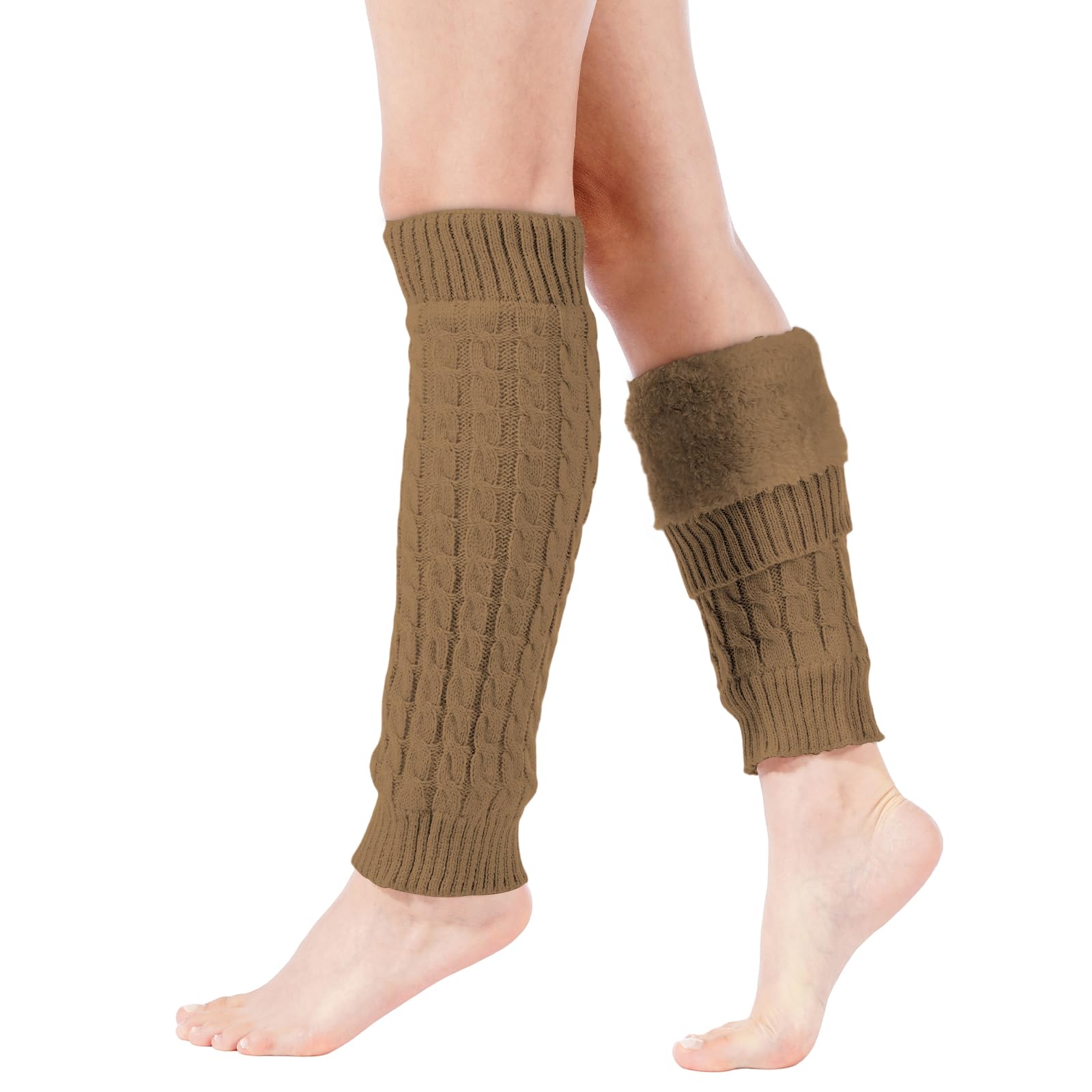 Knit Long Fleece Lined Leg Warmers - Khaki-Moon Wood