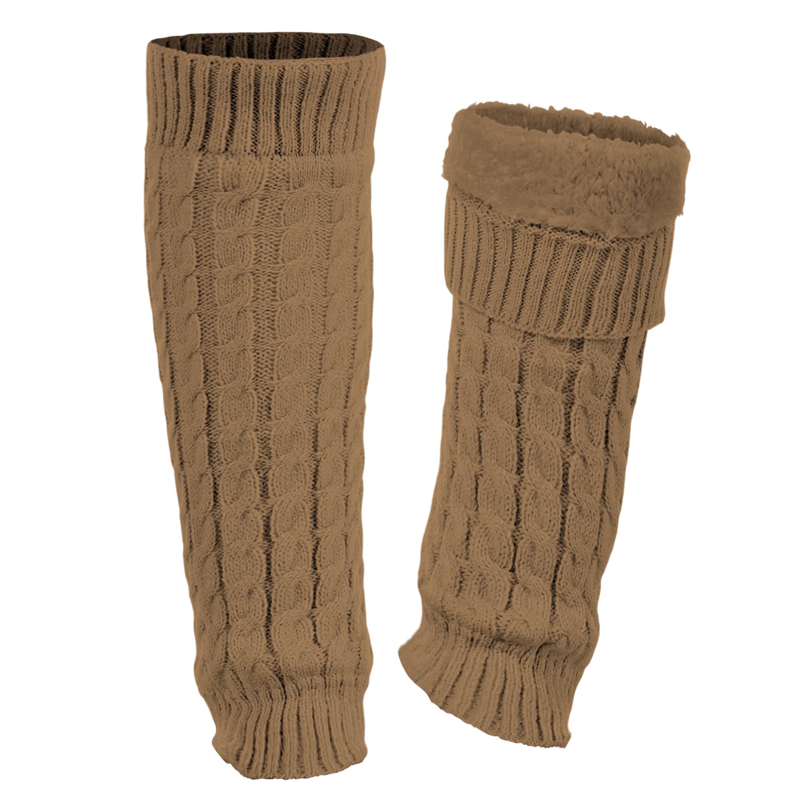 Knit Long Fleece Lined Leg Warmers - Khaki-Moon Wood