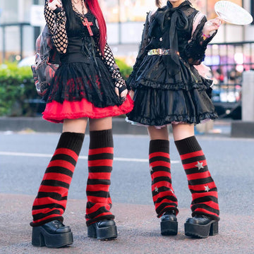 Leg Warmers for Women Knitted Goth Lolita - Black & Red Star