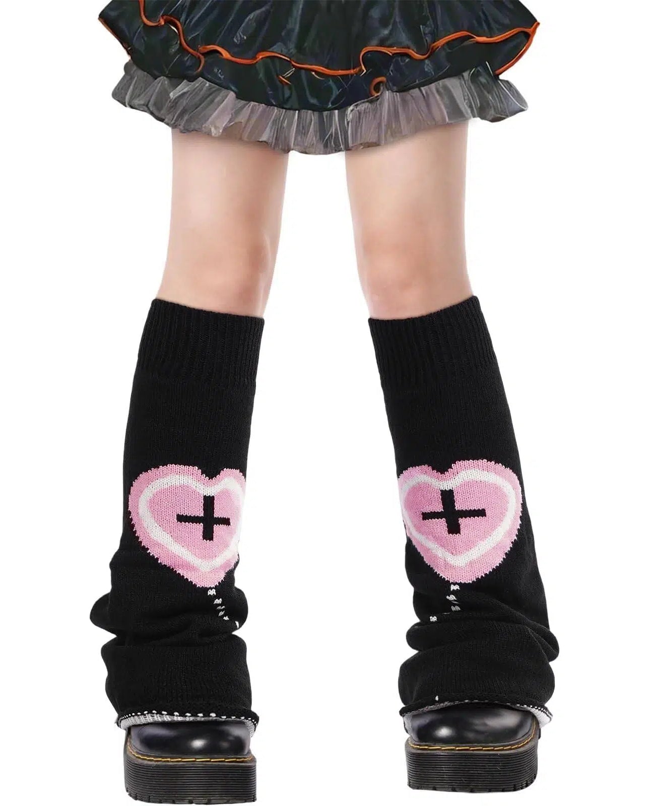 Leg Warmers for Women Knitted Goth Lolita - Black with Pink Heart-Moon Wood