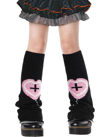 Leg Warmers for Women Knitted Goth Lolita - Black with Pink Heart-Moon Wood