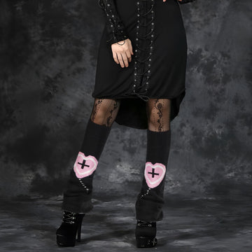 Leg Warmers for Women Knitted Goth Lolita - Black with Pink Heart-Moon Wood
