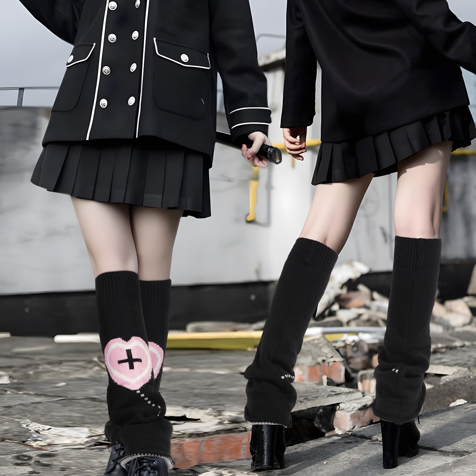 Leg Warmers for Women Knitted Goth Lolita - Black with Pink Heart-Moon Wood