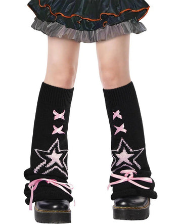Leg Warmers for Women Knitted Goth Lolita - Black with Pink Star-Moon Wood