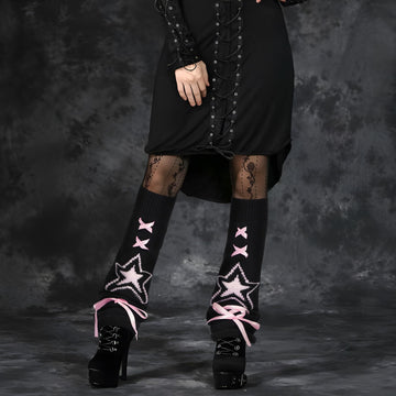 Leg Warmers for Women Knitted Goth Lolita - Black with Pink Star-Moon Wood