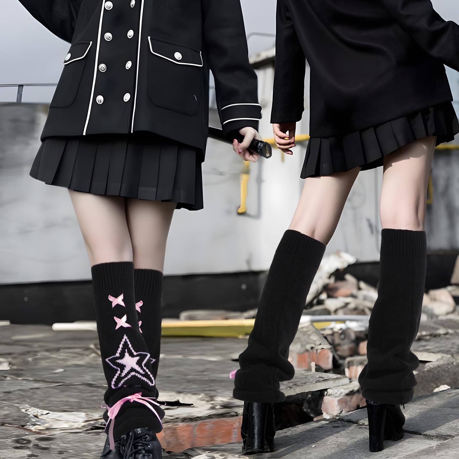 Leg Warmers for Women Knitted Goth Lolita - Black with Pink Star-Moon Wood