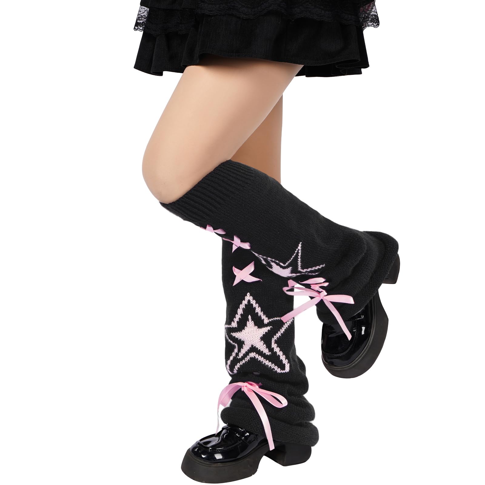 Leg Warmers for Women Knitted Goth Lolita - Black with Pink Star-Moon Wood