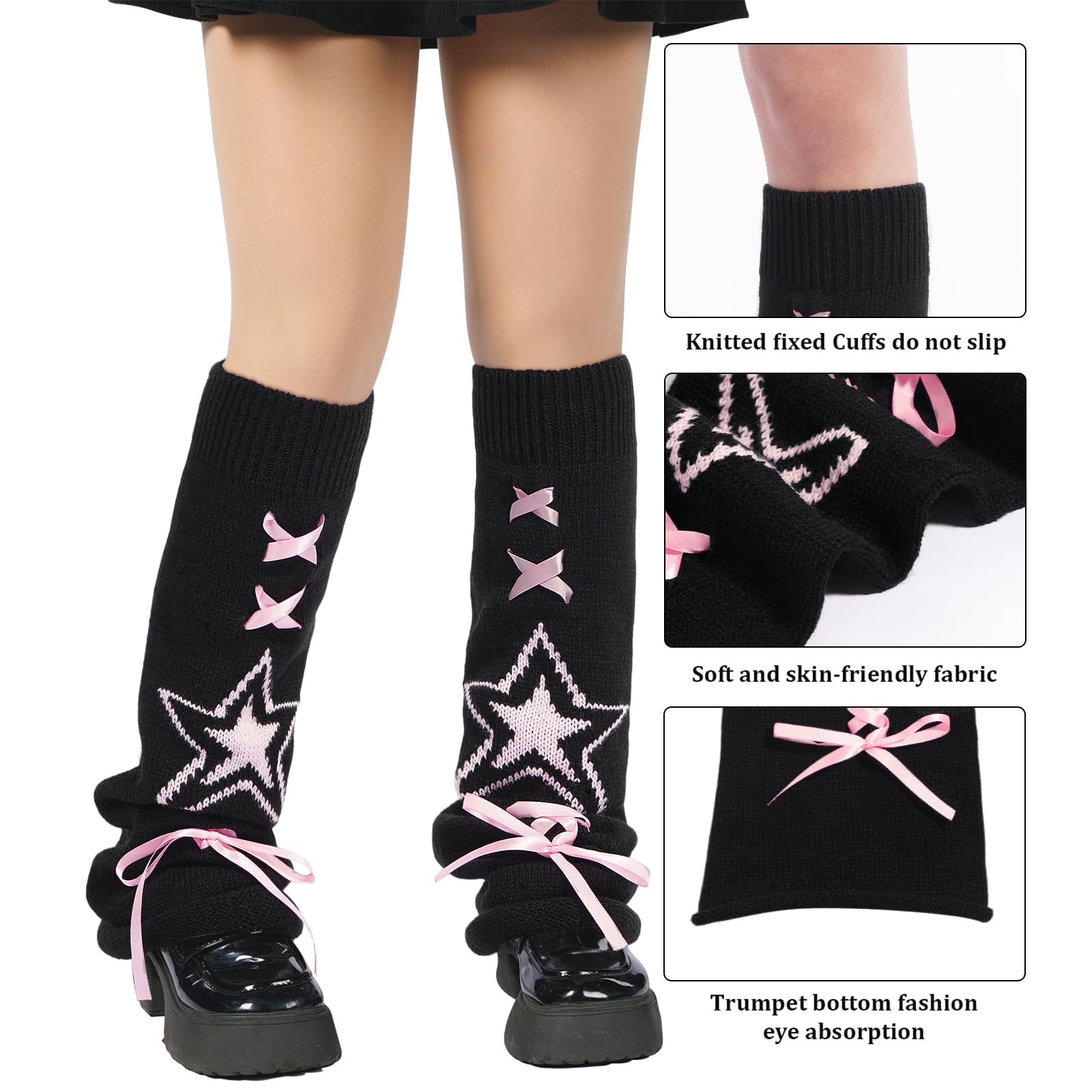 Leg Warmers for Women Knitted Goth Lolita - Black with Pink Star-Moon Wood