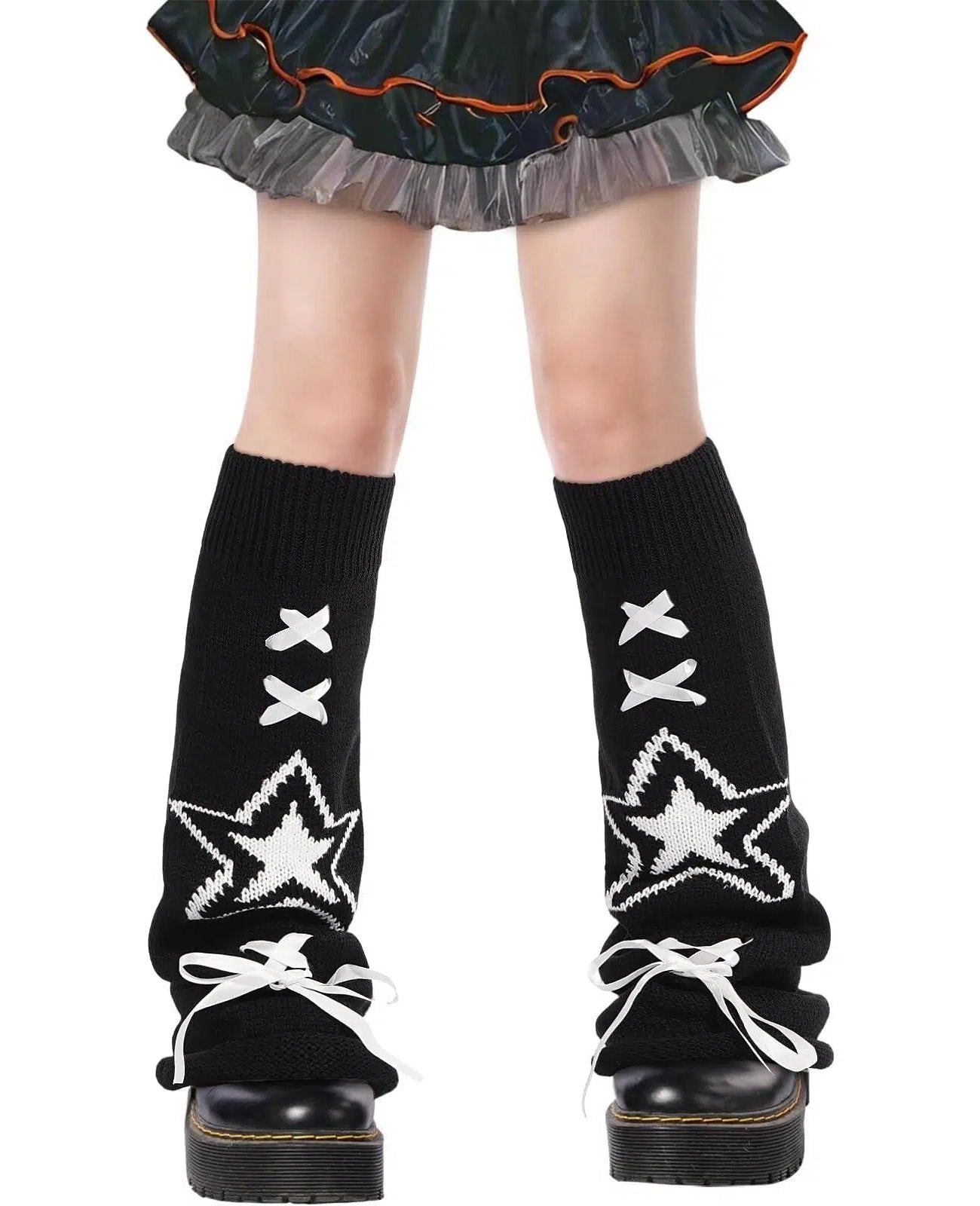 Leg Warmers for Women Knitted Goth Lolita - Black with White Star-Moon Wood