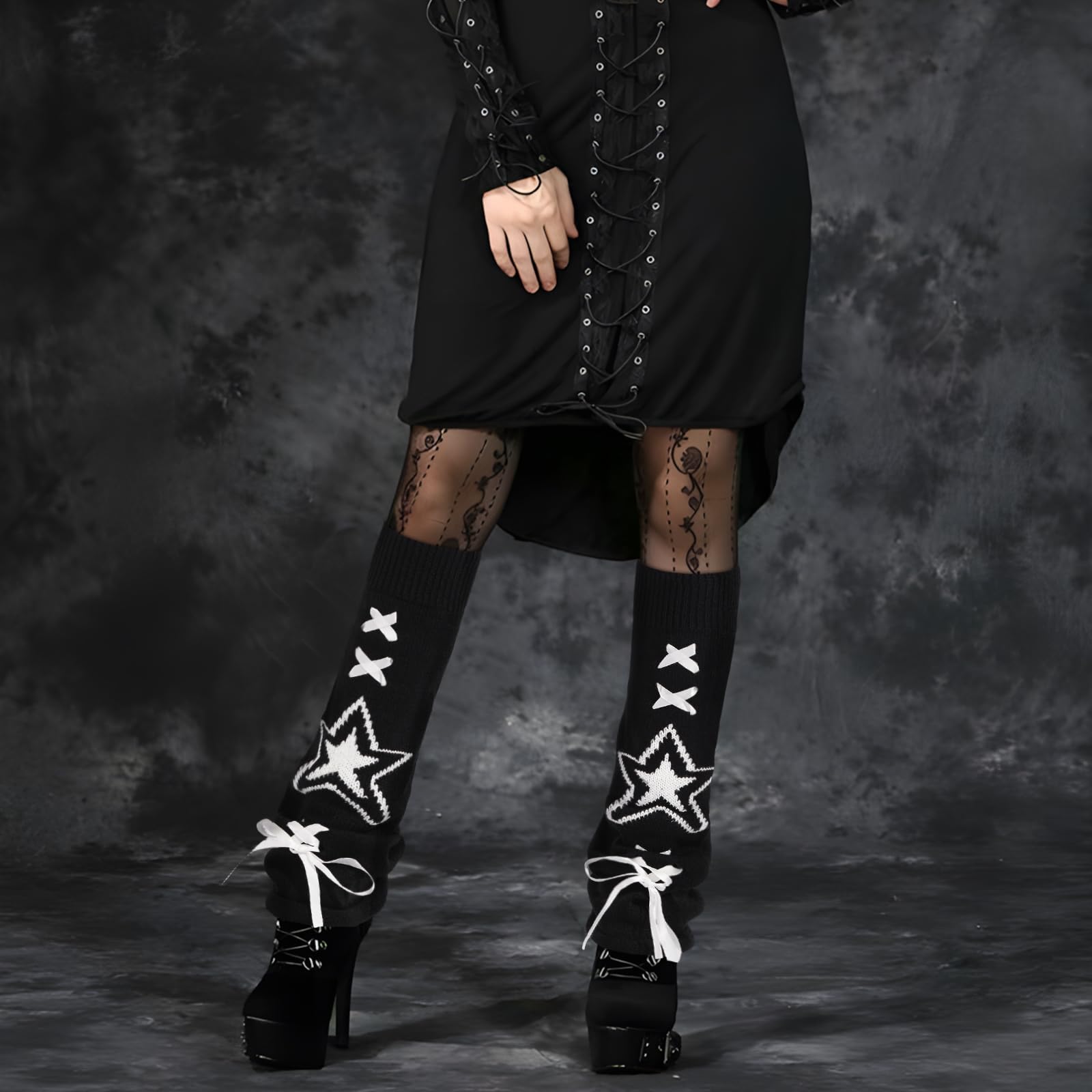 Leg Warmers for Women Knitted Goth Lolita - Black with White Star-Moon Wood