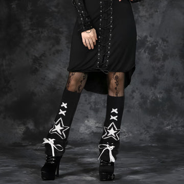Leg Warmers for Women Knitted Goth Lolita - Black with White Star-Moon Wood