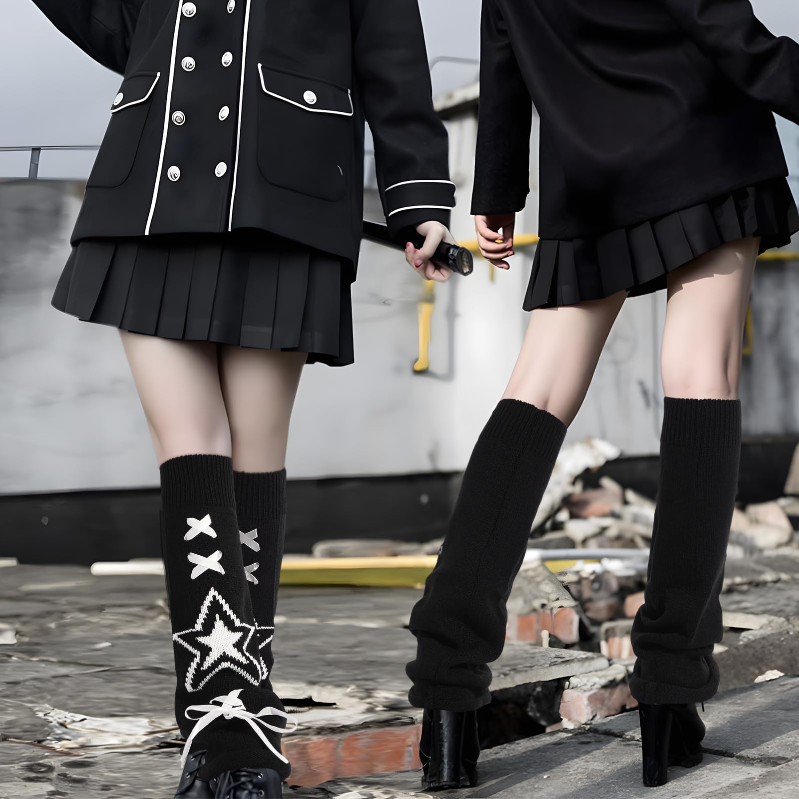 Leg Warmers for Women Knitted Goth Lolita - Black with White Star-Moon Wood