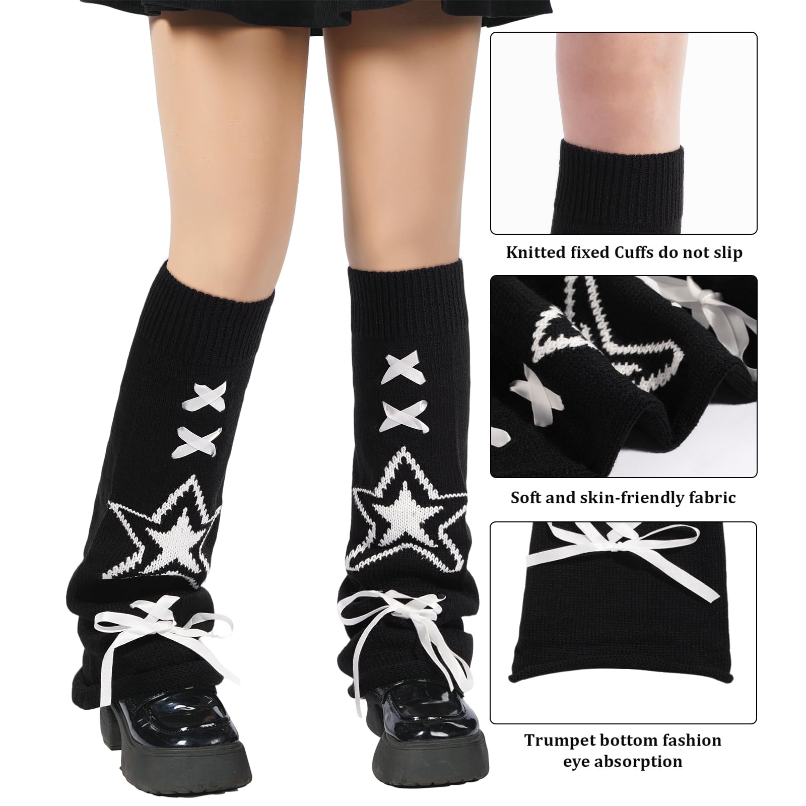 Leg Warmers for Women Knitted Goth Lolita - Black with White Star-Moon Wood