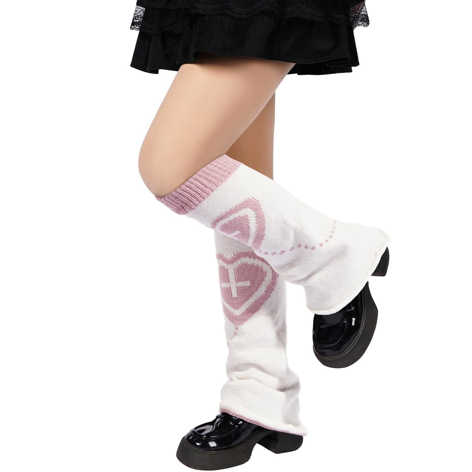 Leg Warmers for Women Knitted Goth Lolita - White with Pink Heart-Moon Wood