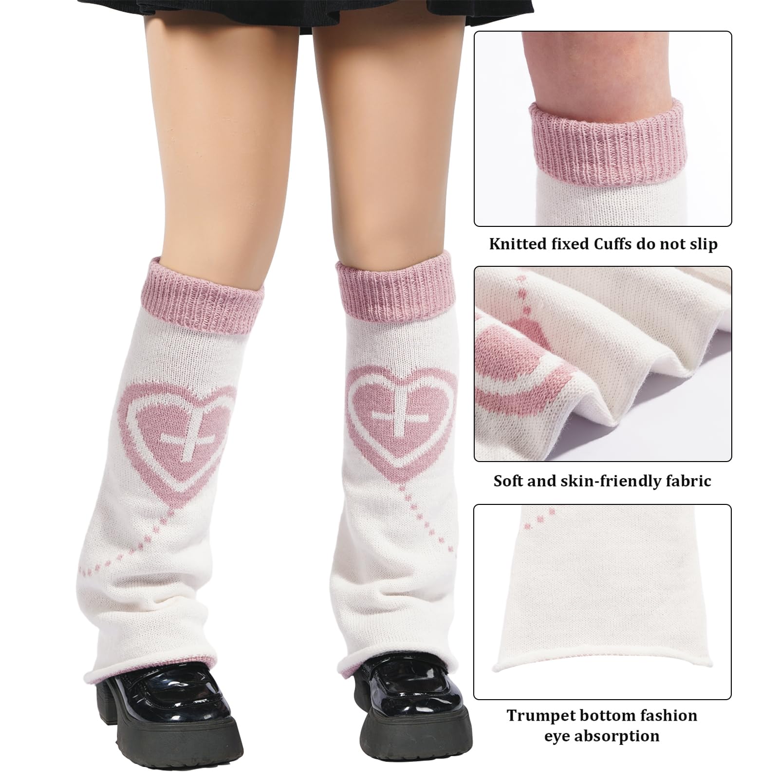 Leg Warmers for Women Knitted Goth Lolita - White with Pink Heart-Moon Wood