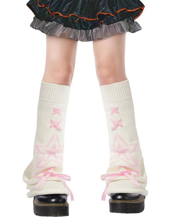 Leg Warmers for Women Knitted Goth Lolita - White with Pink Star-Moon Wood
