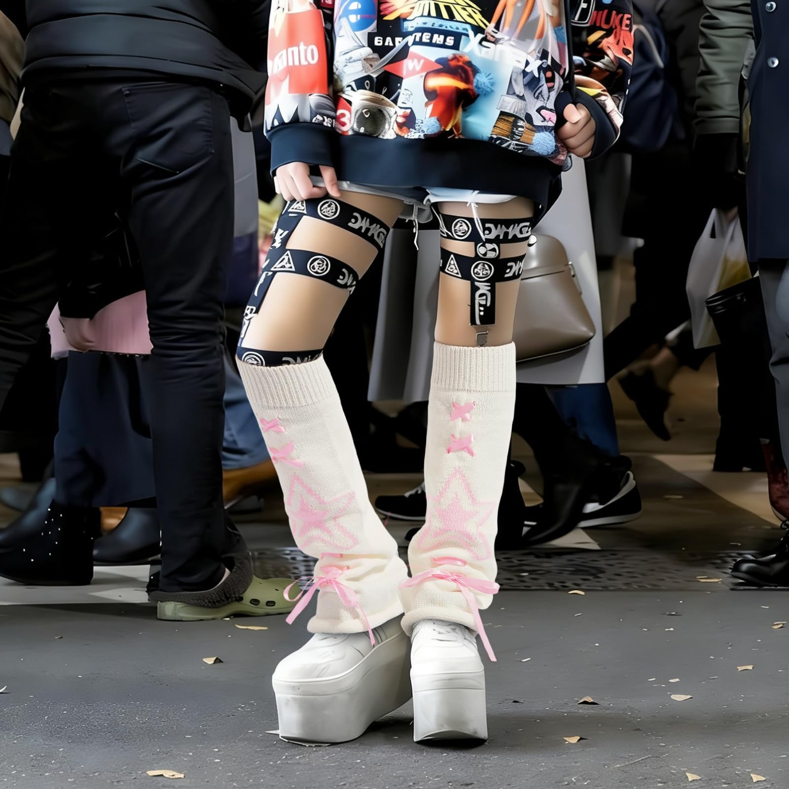 Leg Warmers for Women Knitted Goth Lolita - White with Pink Star-Moon Wood