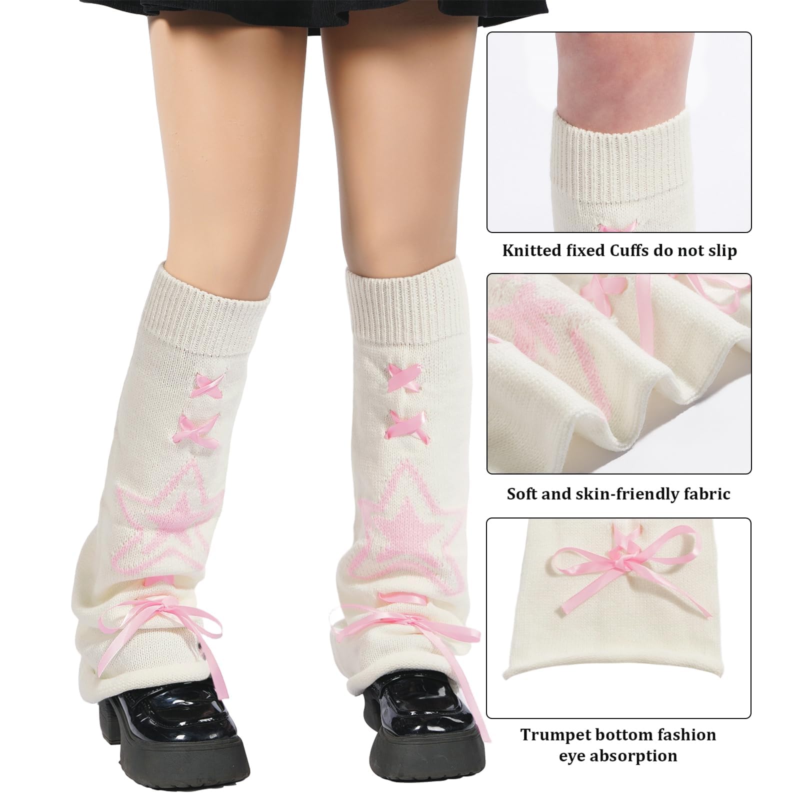 Leg Warmers for Women Knitted Goth Lolita - White with Pink Star-Moon Wood