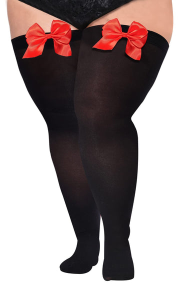 Women Plus Size Bow Thigh High Stockings-Black