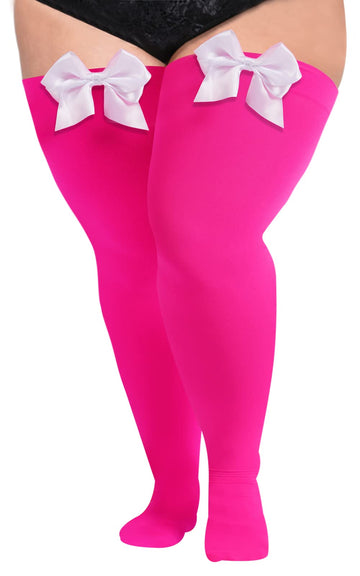 Women Plus Size Bow Thigh High Stockings - Pink